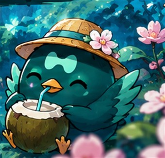 Pip drinking a coconut in a straw hat